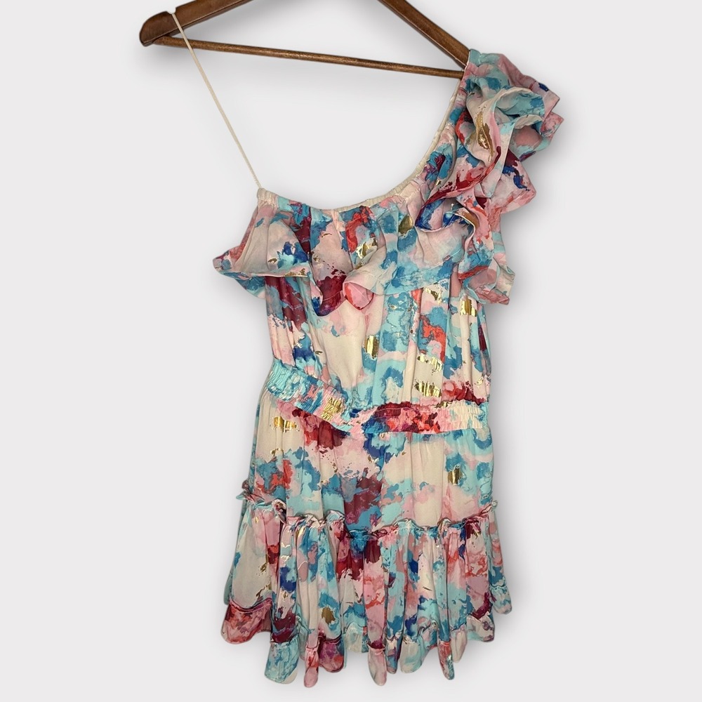 BuddyLove Sofia One Shoulder Party Dress Colorful Watercolor Metallic Gold Large